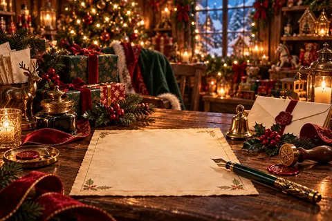 Christmas invitations waiting on Santa’s candlelit desk